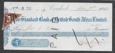 Cape of Good Hope, One Penny 1857 na Bank Cheque 1865,  TOP !!!
