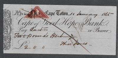 Cape of Good Hope, One Penny 1857 na Bank Cheque 1865,  TOP  !!!