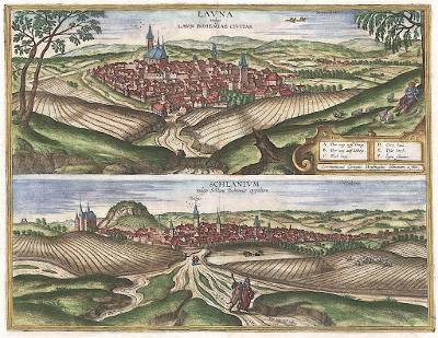 Louny Slaný, Braun Hogenberg, kolor. mědiryt 1617