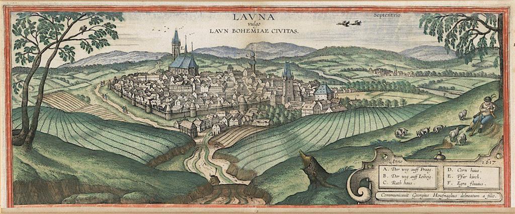 Louny, Braun Hogenberg, kolor. mědiryt 1617 - Antikvariát