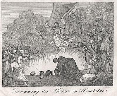 Upálení vdovy Hindostan, Medau  litografie, 1836