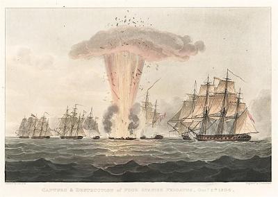 Loď bitva ukořistění Spanish, akvatinta, 1833