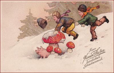 Nový rok * děti, prasátko, muchomůrka, houby, gratulační * M1997