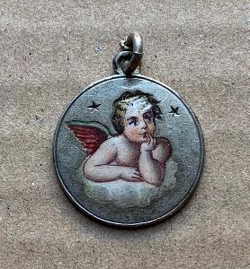 RU starý krásný andílek Cherubín smalt medailon přívěšek svátostka Ag?