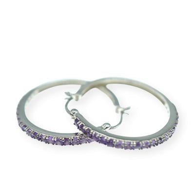 Stříbrné náušnice kroužky s fialovými blyštivými kamínky