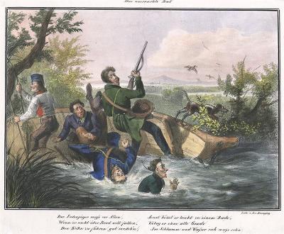 Nehoda na lovu , kolor. litografie, (1840)