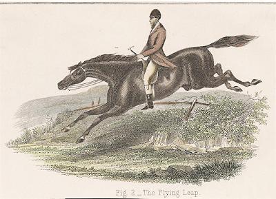 Kůň skok přes překážku , kolor. dřevoryt, (1880)