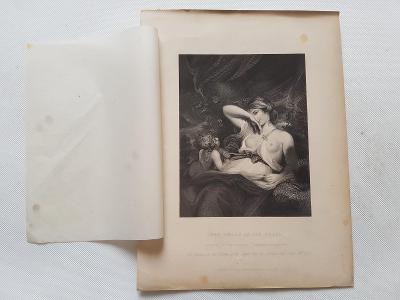 Starožitná rytina ocelorytina nymfa amor 19. století Joshua Reynolds 