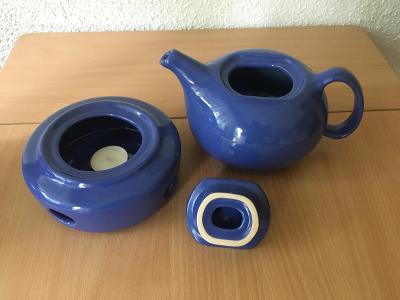 Kobaltově modrá konvice na čaj s ohřevem čajovou svíčkou (nová)