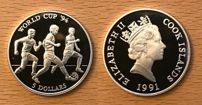 5 DOLLARS 1991 / WORLD CUP 94 (PROOF) COOKOVY OSTROVY (Ag)