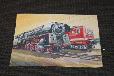 Lokomotiva železnice - originál 21 x 30 cm