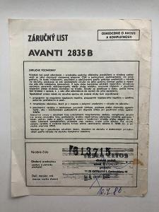 Záruční list na rádio AVANTI 2835 B Tesla Bratislava rok 1986 Ostrava