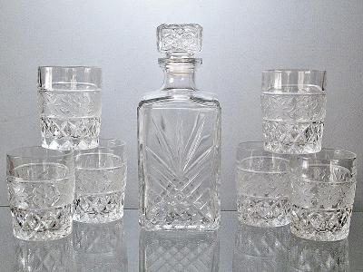 Karafa na whiskey + 6x sklenice sklárna Poděbrady r.1960-70 
