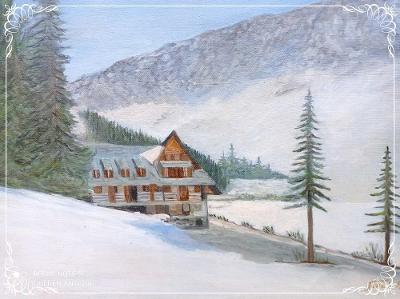 Starý dřevěný obraz malovaný olejem na desku zimní krajina signace