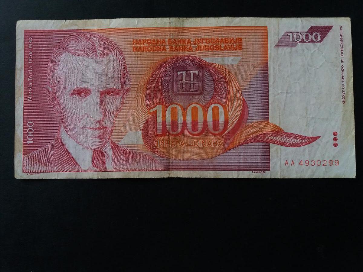 1 000 DINARA - JUGOSLÁVIE 1992 - Bankovky