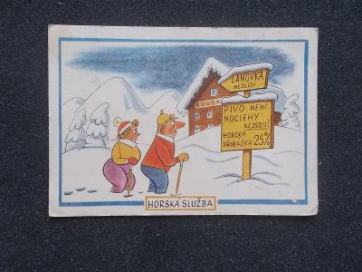 Pohlednice humor maliř Štembera  Horská sluzba zima lyžař pivo