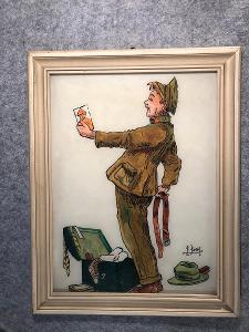 Starý obraz malovaný na sklo  voják 