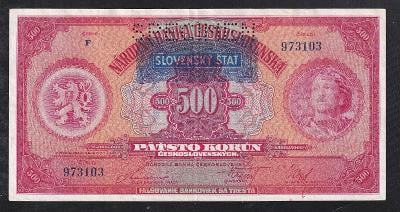 VZÁCNĚJŠÍ 500 KORUNA 1929/1939  PŘETISK SLOVENSKÝ ŠTÁT - NÁDHERNÁ