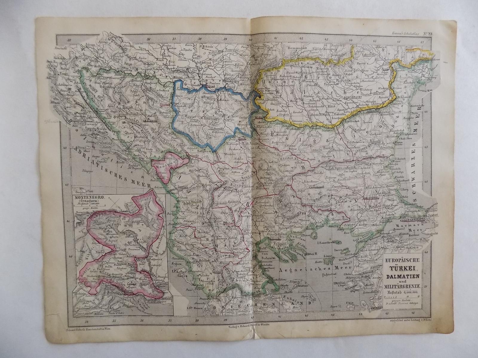 STARÁ MAPA 274 - TURECKO,DALMÁCIE,25 X 32 CM,1864,STAV DLE FOTO - Mapy a veduty Evropa