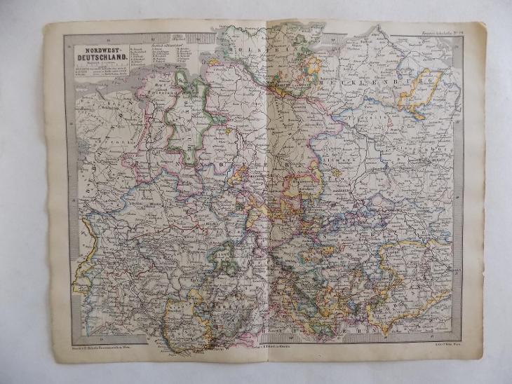 STARÁ MAPA 276 - NĚMECKO SEVEROZÁPADNÍ,25 X 32 CM,1864,STAV DLE FOTO - Mapy a veduty Evropa