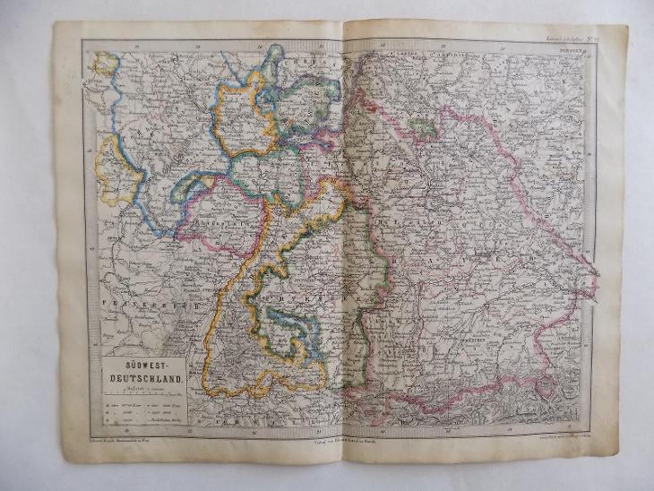 STARÁ MAPA 277 - NĚMECKO JIHOZÁPADNÍ,25 X 32 CM,1864,STAV DLE FOTO - Mapy a veduty Evropa