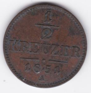 Rakousko ½ krejcaru, 1851 A