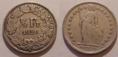 Švýcarsko 1/2 frank 1920