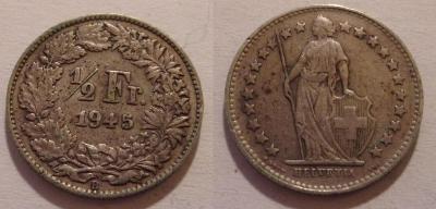 Švýcarsko 1/2 frank 1945
