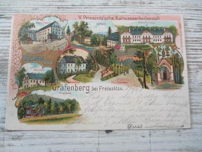 POHLEDNICE JESENÍKY, FREIWALDAU, GRAFENBERG LITOGRAFIE 1899.