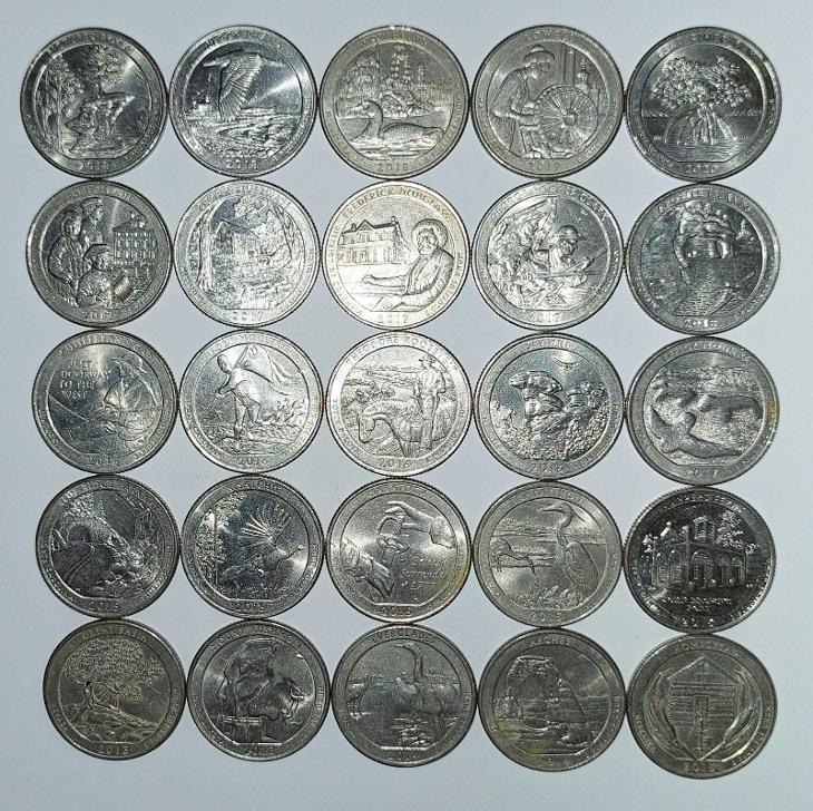 Americké pam. 25 Centy (2013 - 2020), parky, 25 Ks, KAŽDÝ JINÝ, USA - Numismatika