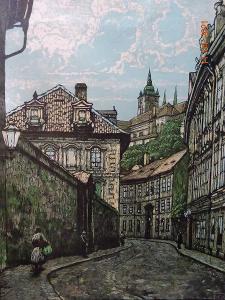 Karel Koubek - Valdštejnská ulice v Praze - barevný dřevoryt 