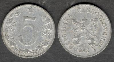 1953 ČSR 5 haléřů z oběhu, rozevlátý lev republiky, 05