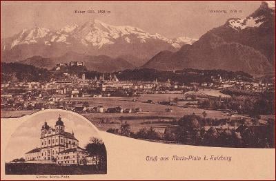 Salzburg * pohled na část města, hory, Alpy * Rakousko * Z332