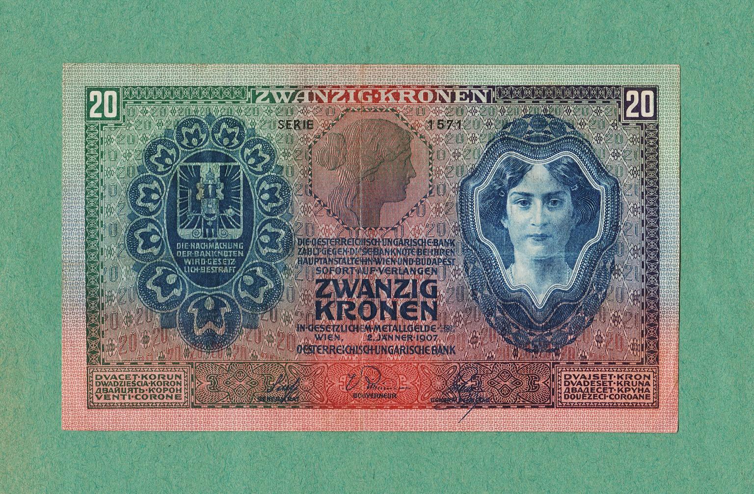 💎 BANKOVKA 20 KORUNA 1907  -  serie 1571  -  stav +2    - Bankovky