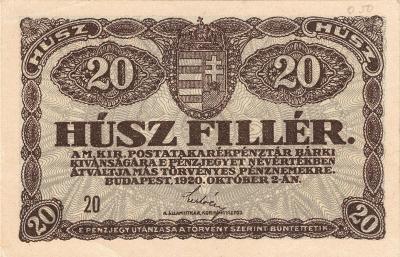 Madarsko Uhry  20 Filler 1920 serie 20 platne 1.ČSR 1919