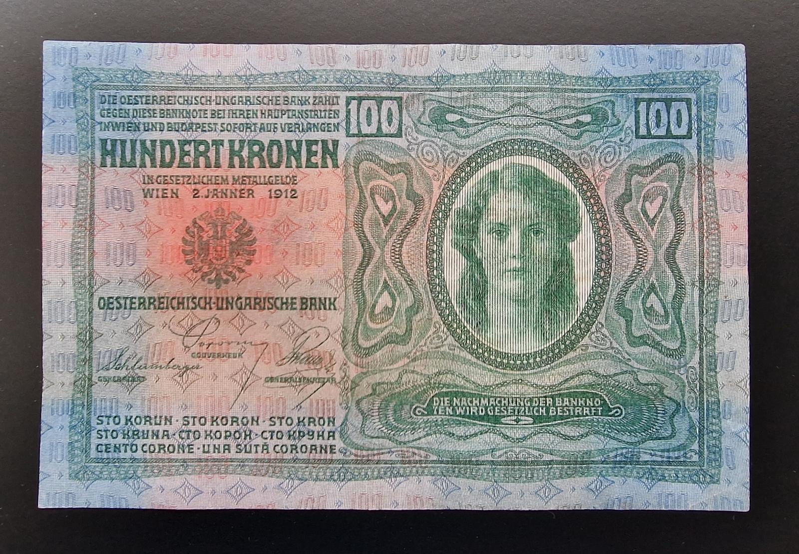 100 korun 1912, bez přetisku, stav 1- - Bankovky