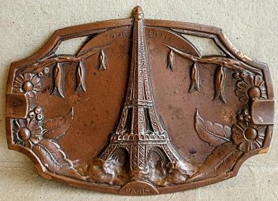 Luxusní starý secesní měděný popelník TOUR EIFFEL PARIS 15 X 10,5 cm 