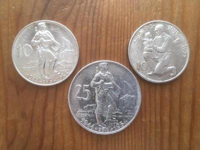 3 kusy stříbrných 10 a 25 Kčs ČSSR, vojáci 1954 a 55, každá mince jiná