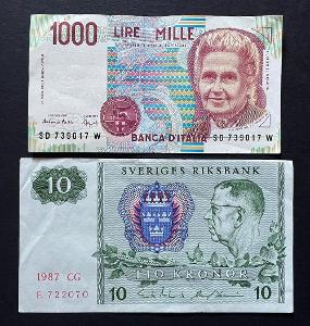2 ks bankovky - 1000 Lire (Itálie) + 10 Kronor (Švédsko) !!!