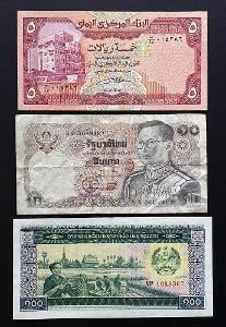 3 ks bankovky - 5 Rijál (Yemen), 10 Baht (Thajsko) +100 Kip (Laos) !!!