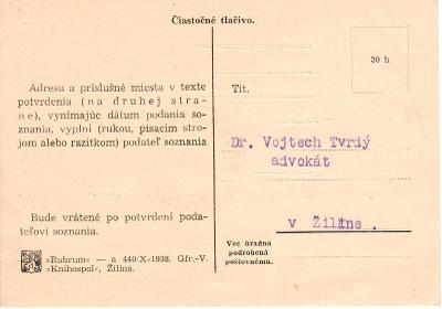ČSR I - Lístok-Berná správa - Žilina - 14.2.1939 do Žiliny