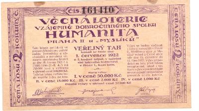 Věcná loterie  HUMANITA 1922
