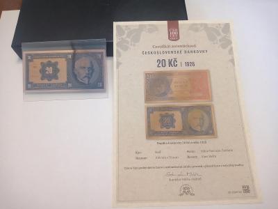 Bankovka 20kč - 1926, vyrobena z mědi + certifikát pravosti
