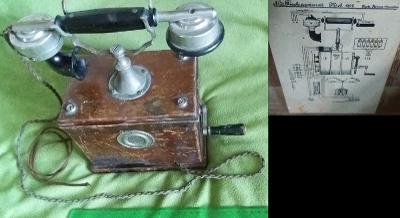 Starožitný telefon Dřevěný telefonní přístroj rok 1908 RU