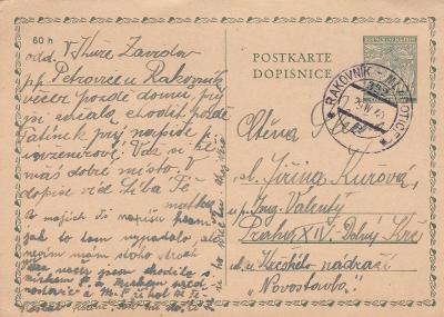 CDV 1, vlaková pošta 322, Rakovník-Mladotice 1940-Praha,text Zavidov,