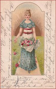 Žena * květiny, léto, roční období, litografie, gratulační * M3108