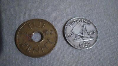 1 Shilling, Ag, 1943 + 1 Penny 1942, Fidži