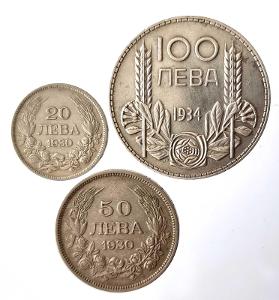 Bulharsko - stříbrné 100 LEVA 1934 (19,98 g) + 20 a 50 Leva 1930