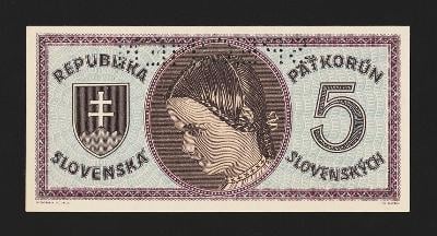 SLOVENSKO  -  5 korun,1945  -  obrácený  SPECIMEN ( !!! )  -  UNC