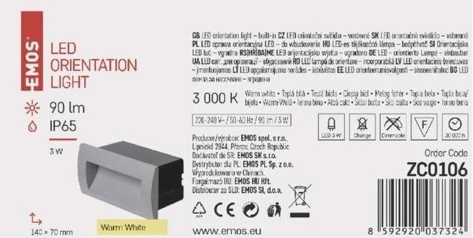 EMOS LED orientační vestavné svítidlo 140×70, 3W teplá bílá IP65